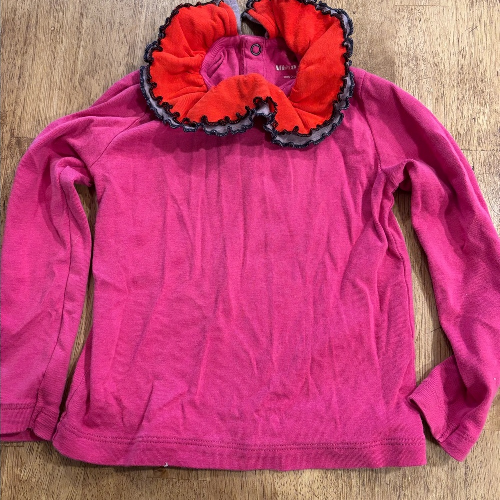 Misha And Puff Pink Long Sleeve Shirt with Red Ruffled Collar